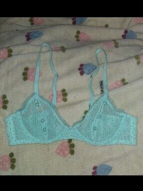 Cyan mesh polka dot button cup bra